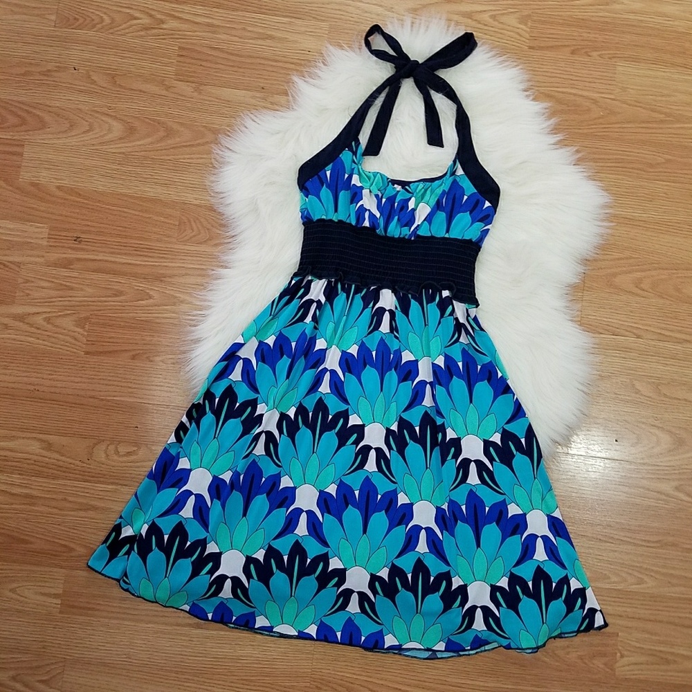 Blue & Teal Tropical Printed Tie Halter Dress